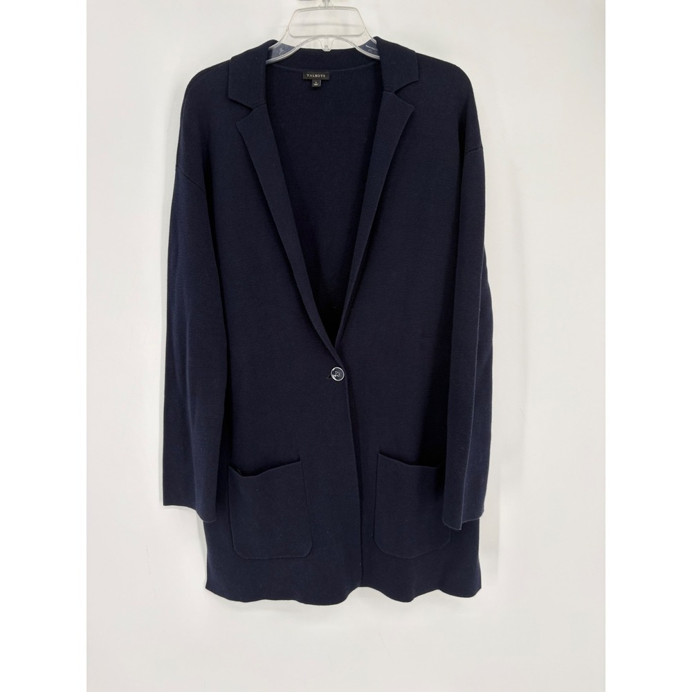 Talbots Cardigan Womens L Navy Blue Single Button Longline Sweater Blazer Pocket